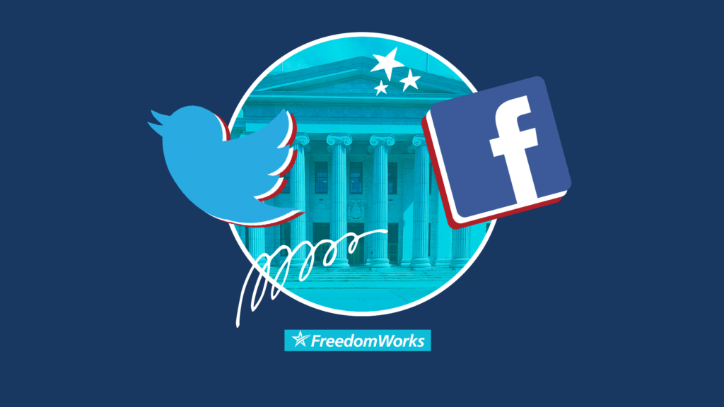 Twitter and Facebook logos in front of the New York State Court of Appeals.
